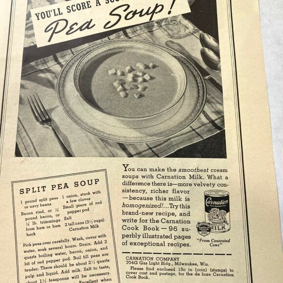 Carnation Milk Vintage Print Ad 30s Dairy Advertising Split Pea Soup Recipe - Picture 5 of 6